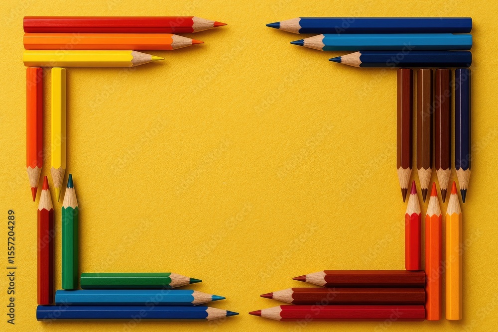 Fototapeta premium Vivid colored pencil border on a vibrant yellow textured surface