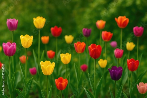 Vibrant floral display of blooming tulips in a lush garden