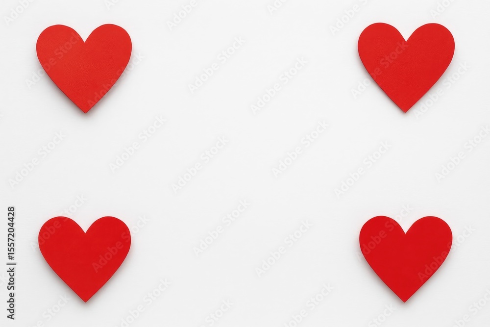 Romantic Valentine's Day backdrop featuring vibrant paper hearts arranged in four clusters on a white surface with room for messages Romantic Valentine's Day backdrop featuring vibrant paper hearts arranged in four clusters on a white surface with room for messages