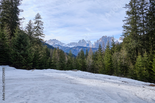 Wallpaper Mural March 2025: winter landscape at Ski Area in Dolomites, Italy - Alpe Lusia. Ski resort in val di Fassa near Moena. Winter Dolomites and blue sky. Aerial view on ski slopes Torontodigital.ca