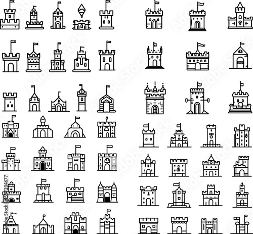 castle icons fortress medieval tower castle design kingdom palace royal architecture stone castle moat battlements castle walls castle gate knight castle tower castle entrance fortifi