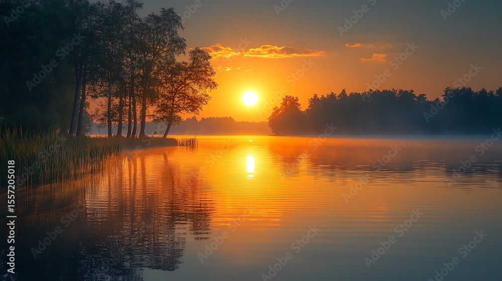 Obraz premium Golden sunrise over still lake