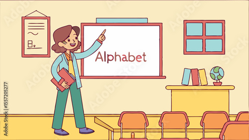Cartoon illustration of a teacher pointing to a whiteboard with the word alphabet written on it in a classroom