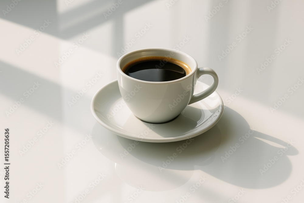 A coffee mug placed on a sleek white glass surface with reflections and shadows in a contemporary workspace A coffee mug placed on a sleek white glass surface with reflections and shadows in a contemporary workspace