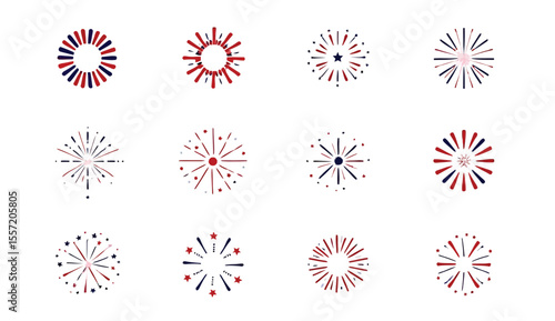 Collection of Red White and Blue Firework Burst Designs on White Background