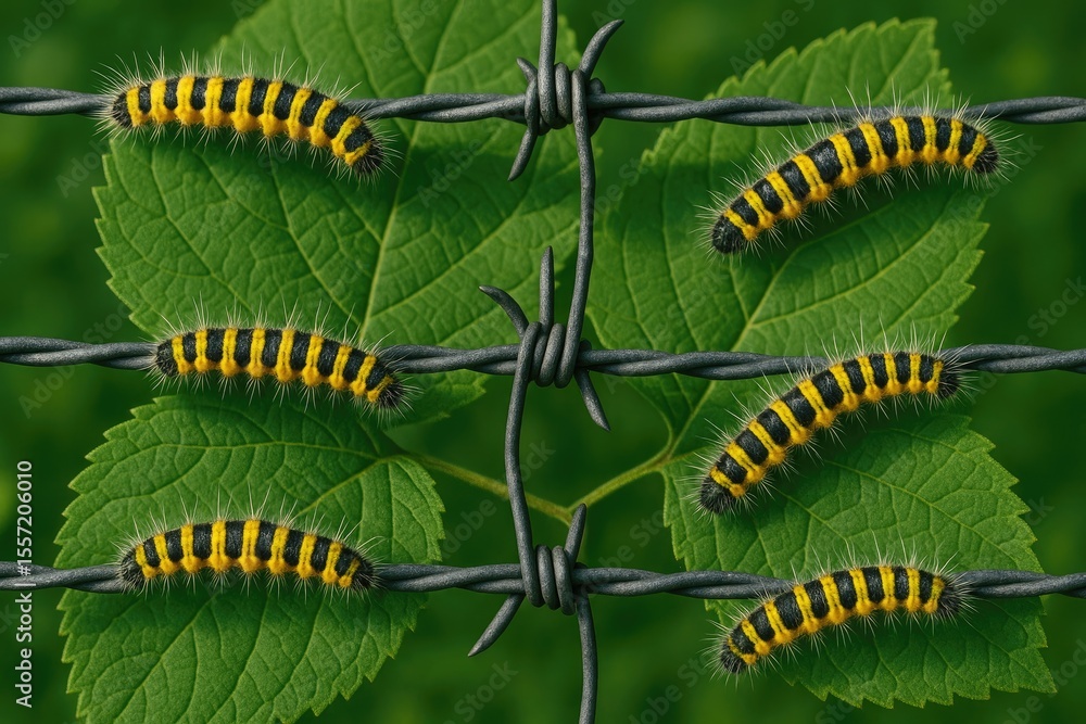 Fototapeta premium Vivid caterpillars climbing along sharp wire