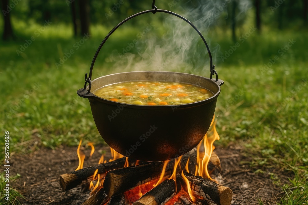 Preparing a hearty stew over an open flame with a cast-iron vessel Preparing a hearty stew over an open flame with a cast-iron vessel