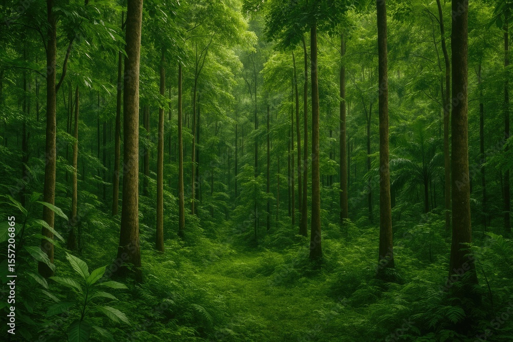 Fototapeta premium Lush woodland scene with vibrant foliage and towering trees