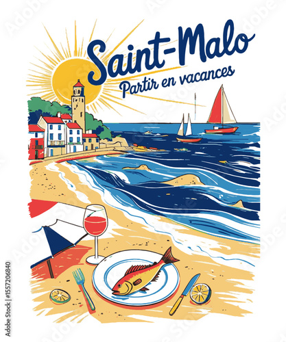 Vector illustration capturing a sunny seaside vacation scene inspired by the Saint-Malo t-shirt print, a coastal village with red-roofed houses and a tower, beachside umbrella, easily editable.