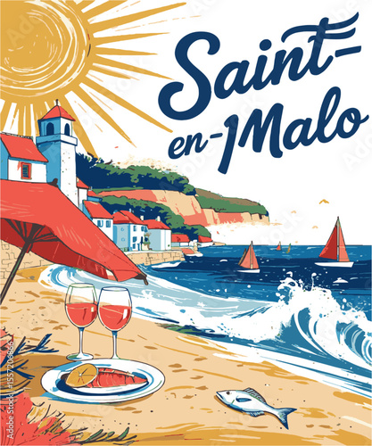 Vector illustration capturing a sunny seaside vacation scene inspired by the Saint-Malo t-shirt print, a coastal village with red-roofed houses and a tower, beachside umbrella, easily editable.