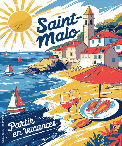 Vector illustration capturing a sunny seaside vacation scene inspired by the Saint-Malo t-shirt print, a coastal village with red-roofed houses and a tower, beachside umbrella, easily editable.