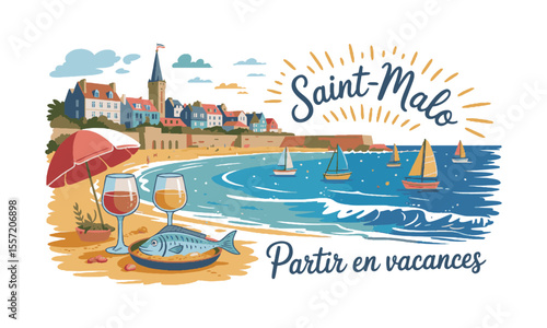Vector illustration capturing a sunny seaside vacation scene inspired by the Saint-Malo t-shirt print, a coastal village with red-roofed houses and a tower, beachside umbrella, easily editable.