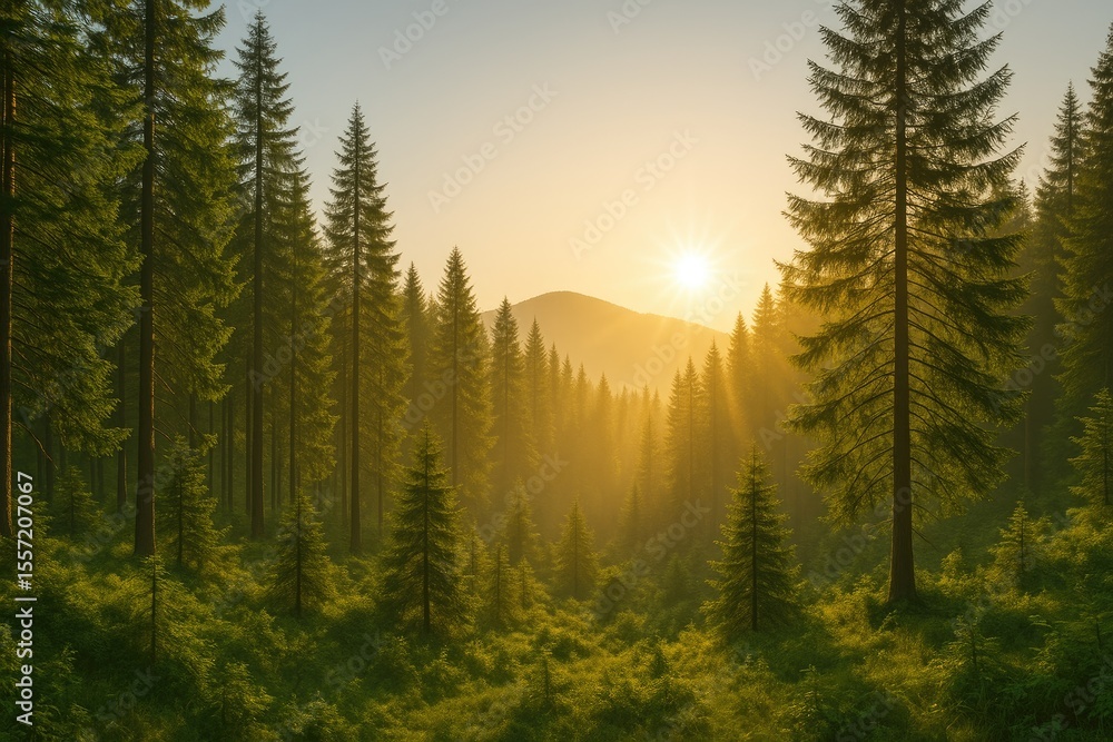 Fototapeta premium Dawn in the woodland with sunlight breaking through