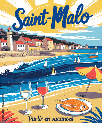 Vector illustration capturing a sunny seaside vacation scene inspired by the Saint-Malo t-shirt print, a coastal village with red-roofed houses and a tower, beachside umbrella, easily editable.