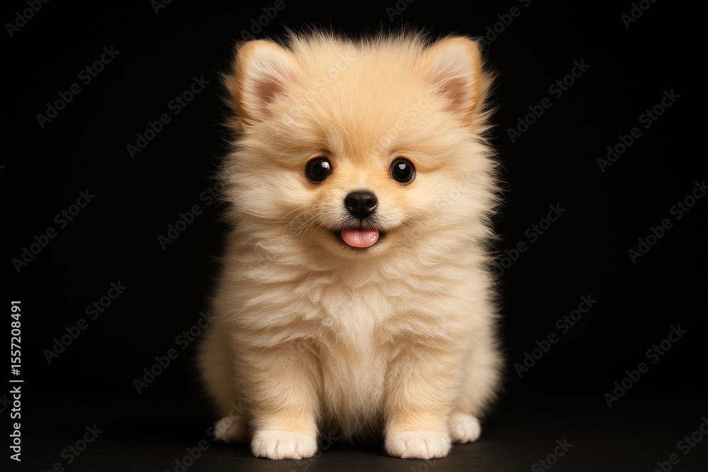 Studio shot of a cream-colored fluffy Spitz puppy sitting fully against a dark backdrop Studio shot of a cream-colored fluffy Spitz puppy sitting fully against a dark backdrop