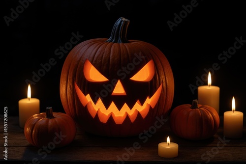 Spooky Night Scene with a Glowing Jack-O-Lantern and Flickering Candles in a Backyard Setting