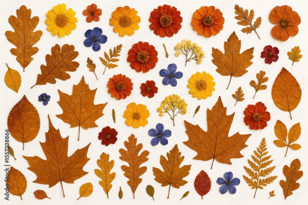 Fototapeta premium Arrangement of dried autumn foliage and blossoms on a natural backdrop for herbarium collections