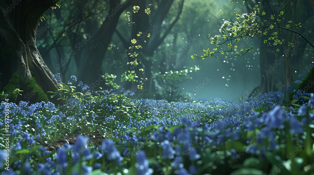 Obraz premium A dreamy forest landscape with blue flowers and sunlight filtering through the trees in the background