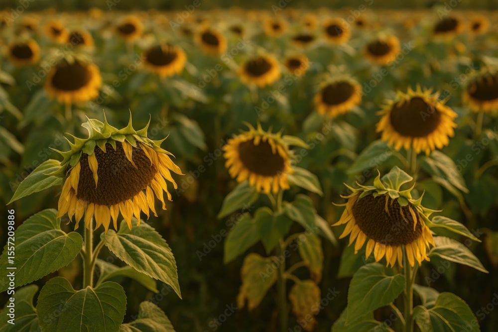 Fototapeta premium Diminishing sunflower blooms during summer in a vast field
