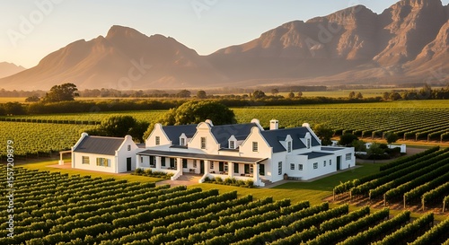 Cape Winelands Estate: Golden Hour Vineyard  Mountain Vista.