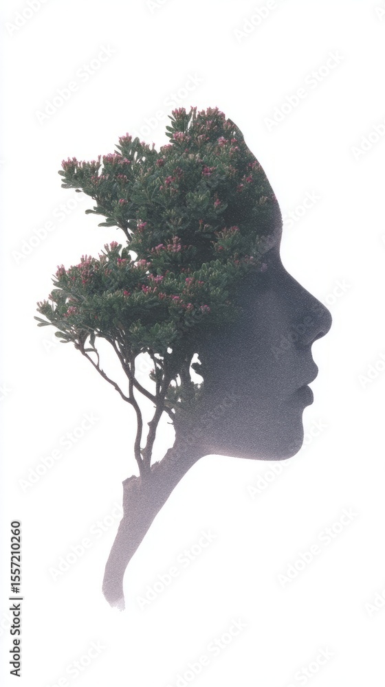 Enchanting silhouette of a contemplative woman merges with ethereal bonsai, symbolizing Hanami and World Tree Day reflection Enchanting silhouette of a contemplative woman merges with ethereal bonsai, symbolizing Hanami and World Tree Day reflection