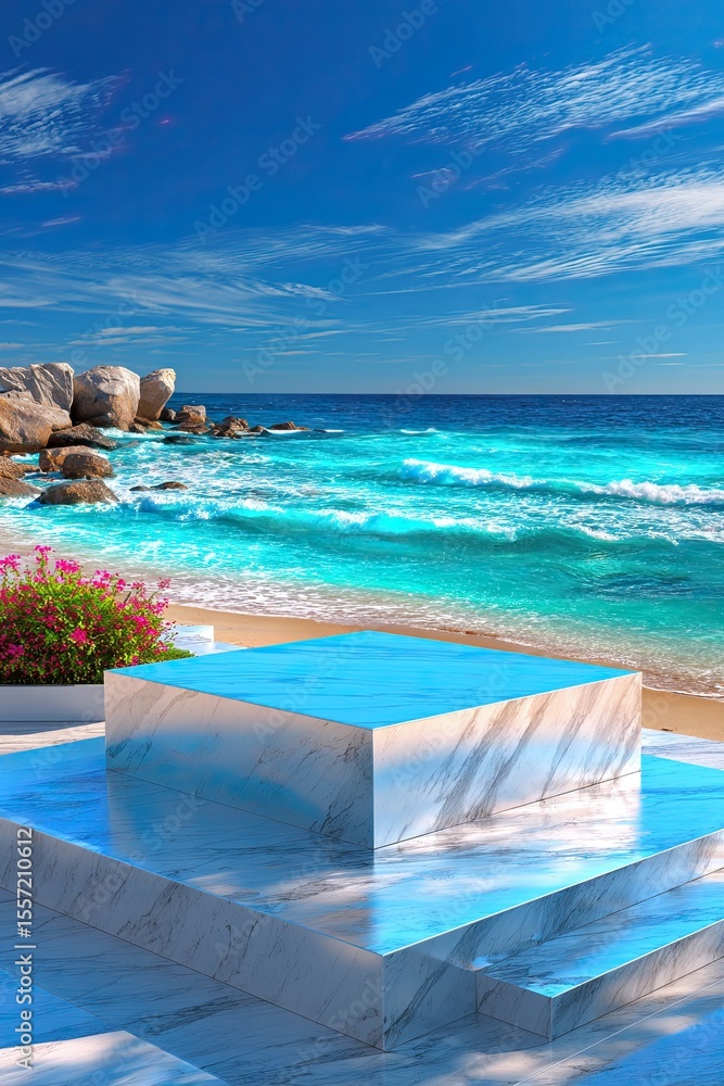 Obraz premium Stone podium for presentation on blurred background of tropical sea sand beach