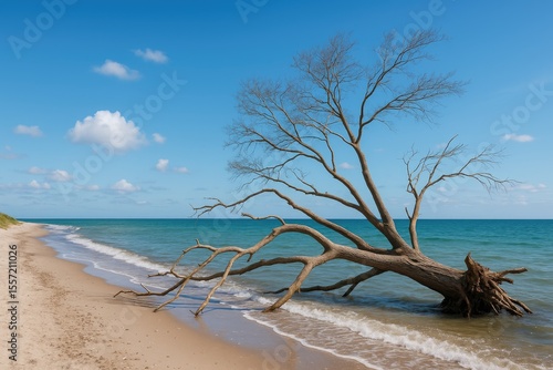 Fototapeta Naklejka Na Ścianę i Meble -  A tree knocked down on the shoreline at Weststrand along the Fischland-Darss region