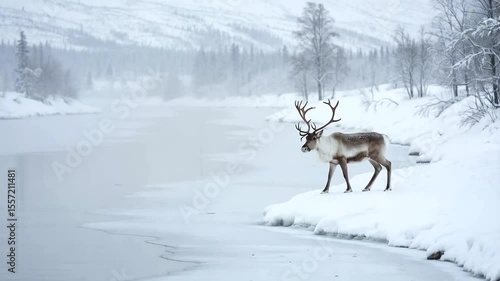 Wallpaper Mural Reindeer by icy river in snowy landscape Torontodigital.ca