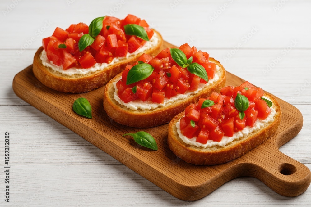 Tasty tomato-topped bruschetta served on a wooden board Tasty tomato-topped bruschetta served on a wooden board