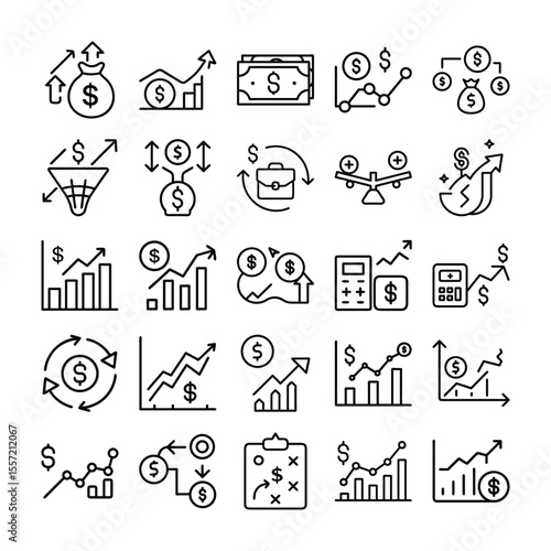 Set of black and white line icons illustrating business and finance concepts