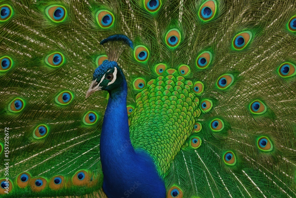 Obraz premium Detailed view of a peacock showcasing its stunning iridescent feathers