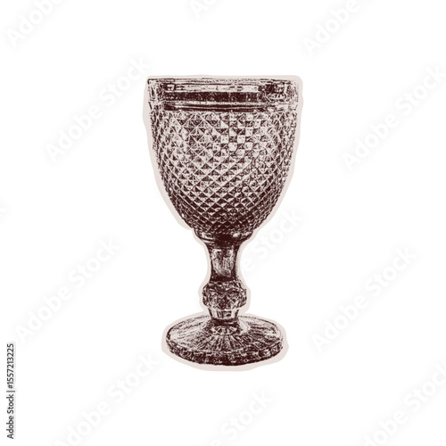 Trendy halftone collage of a goblet cut out an old newspaper. Isolated vector illustration grayscale retro sticker of glass with Bitmap and Dots texture. Vintage aesthetic, 80s - 90s vibe, nostalgic