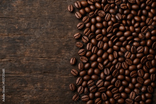 Coffee seeds arranged on a rustic wooden surface