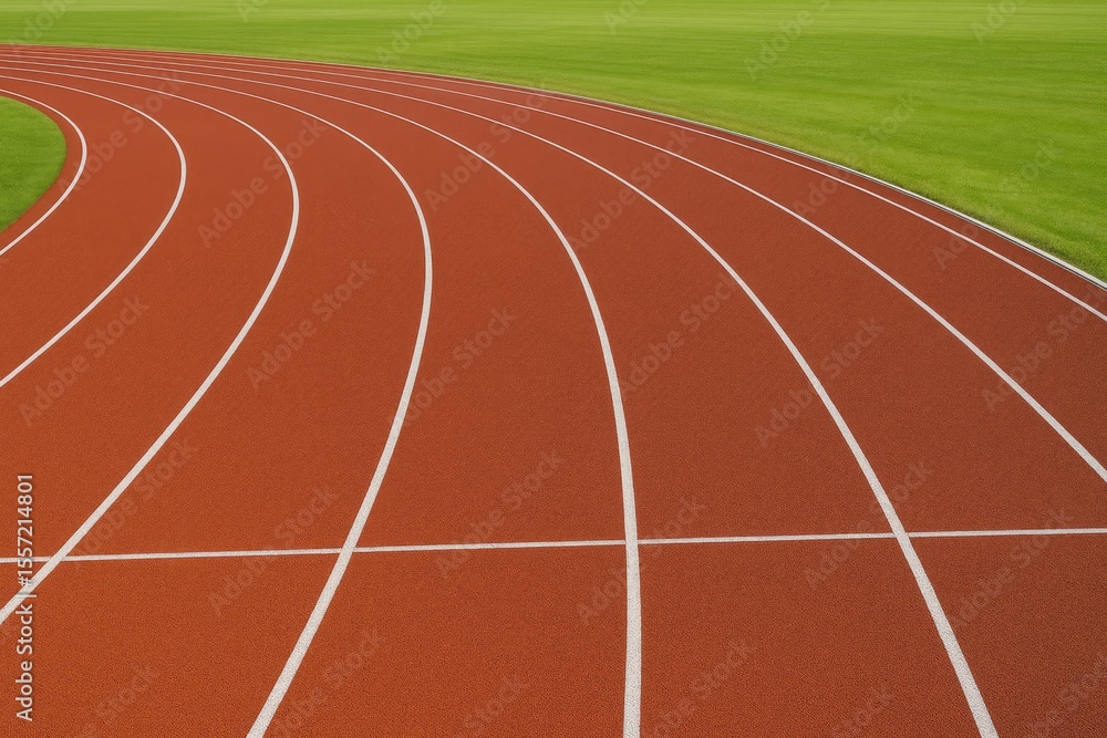 Fototapeta premium Outdoor athletics arena featuring a red rubber running track, green grass fields, and an empty stadium with multiple sports fields