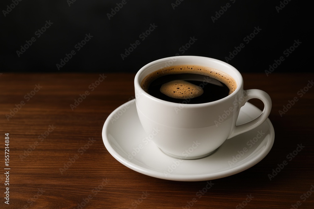 Fototapeta premium A mug of coffee resting on a surface against a dark backdrop