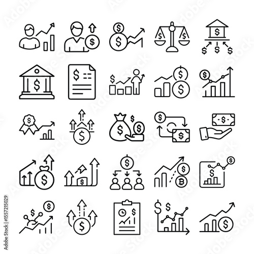 Line Art Icons Representing Financial Growth Investment and Economic Concepts