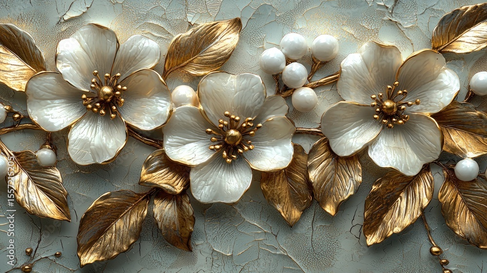 Fototapeta premium Detailed floral design with gold leaves and white flowers.