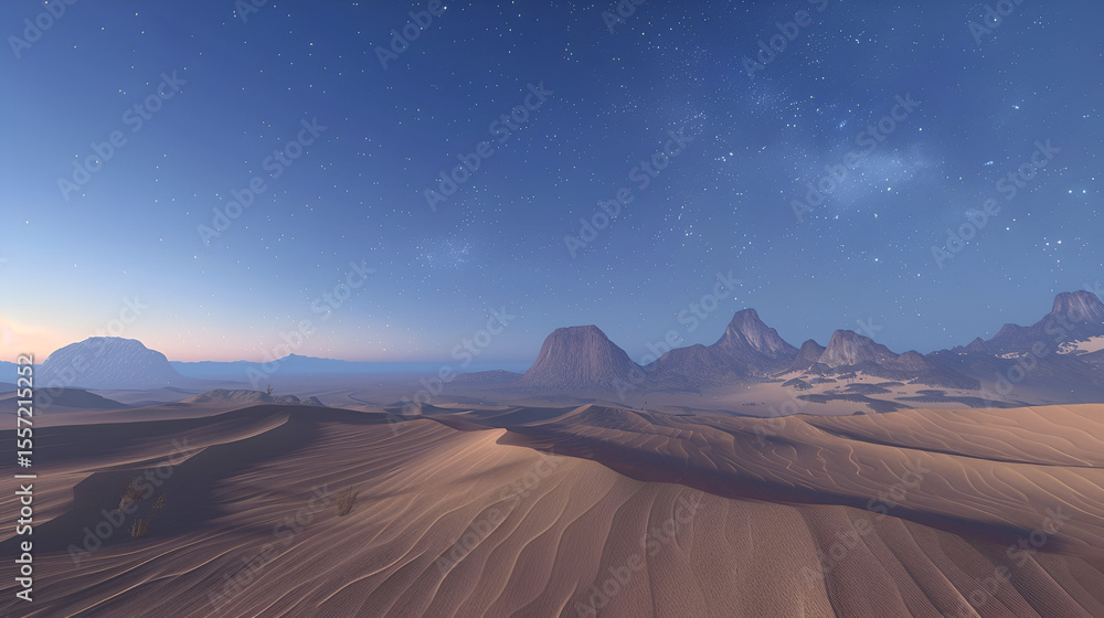 A desert landscape with sand dunes and mountains under a starry blue sky at dusk or dawn time A desert landscape with sand dunes and mountains under a starry blue sky at dusk or dawn time