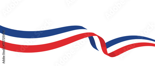Red, white, and blue waving ribbons on white background representing patriotism, freedom, and celebration with elegant flow