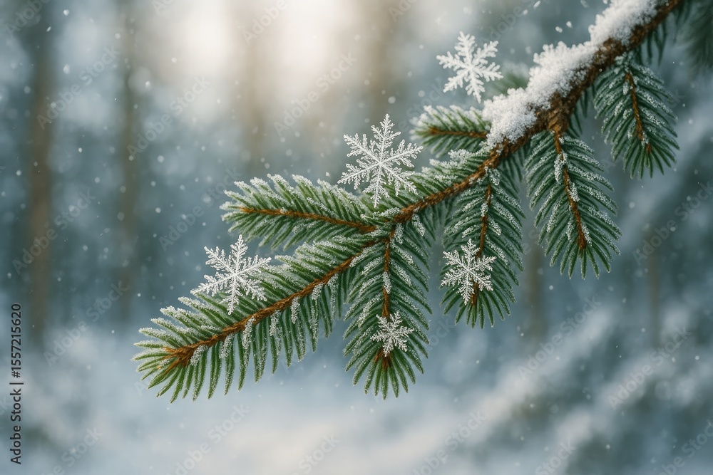 Winter pine branch adorned with snowflakes for holiday celebrations Winter pine branch adorned with snowflakes for holiday celebrations