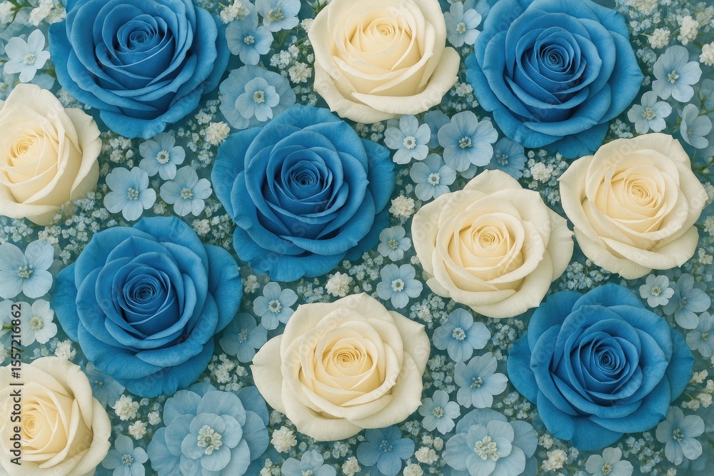 Fototapeta premium Close-up of a decorative wedding bouquet featuring blue and white roses with a textured background
