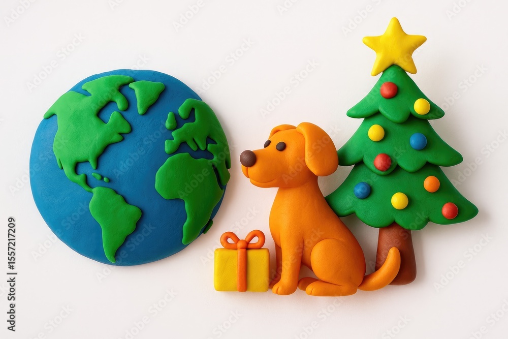Obraz premium Plasticine sculpture of a dog and a Christmas tree