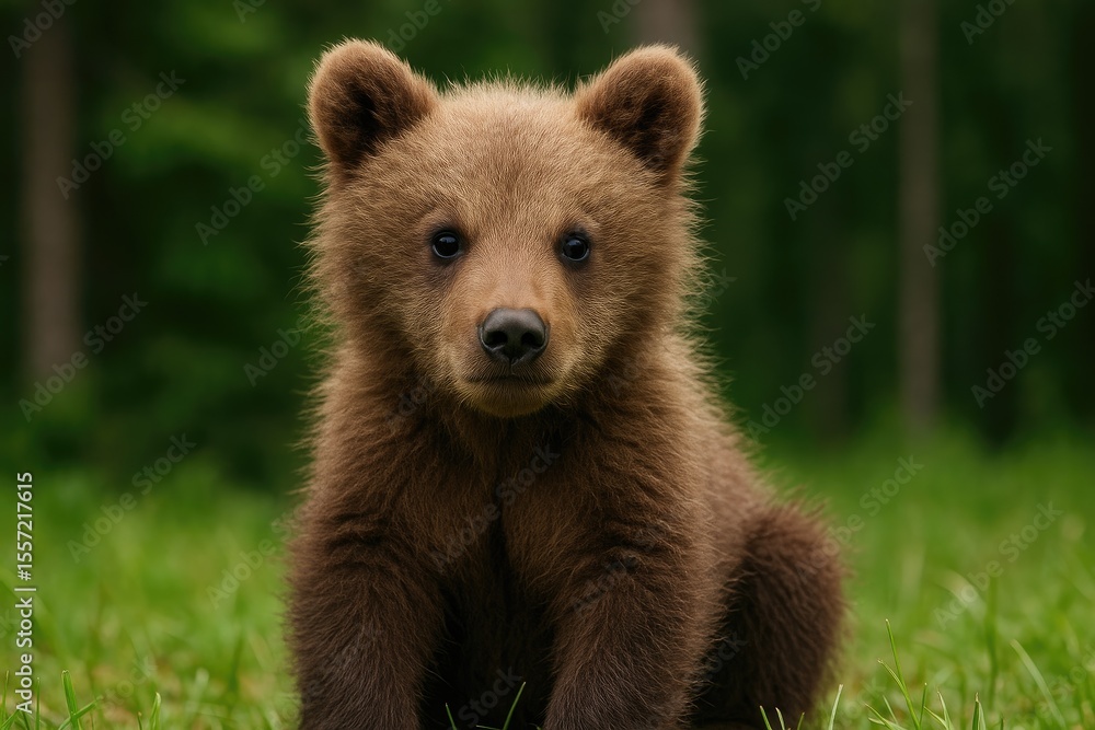 Fototapeta premium Close-up of a young brown bear cub alone without its mother