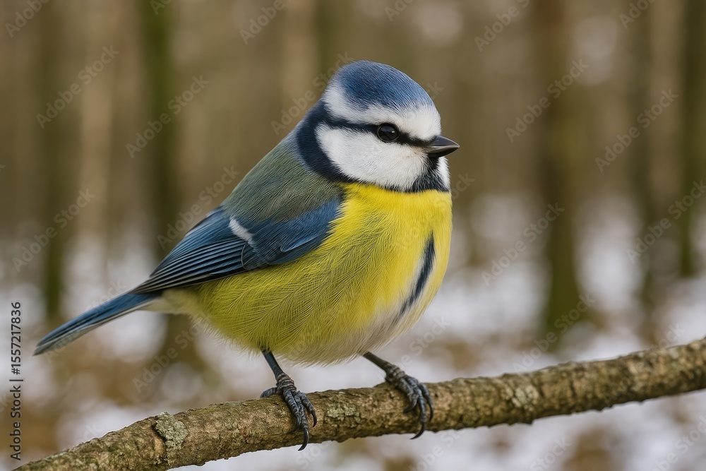 Winter scene featuring a Eurasian Blue Tit in a forest setting Winter scene featuring a Eurasian Blue Tit in a forest setting
