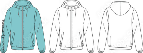 Classic full-zip hoodie jacket technical flat sketch, perfect blank vector template for modern casual sportswear and outdoor apparel fashion designs.