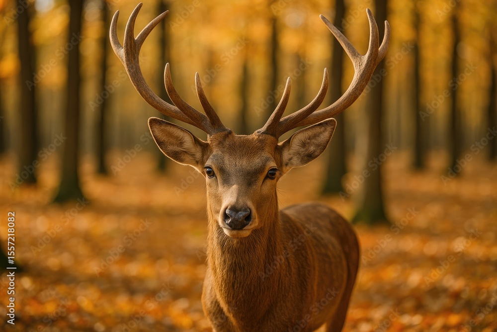Fototapeta premium Close-up of a deer's antlers with a young deer strolling through a sunlit autumn woodland