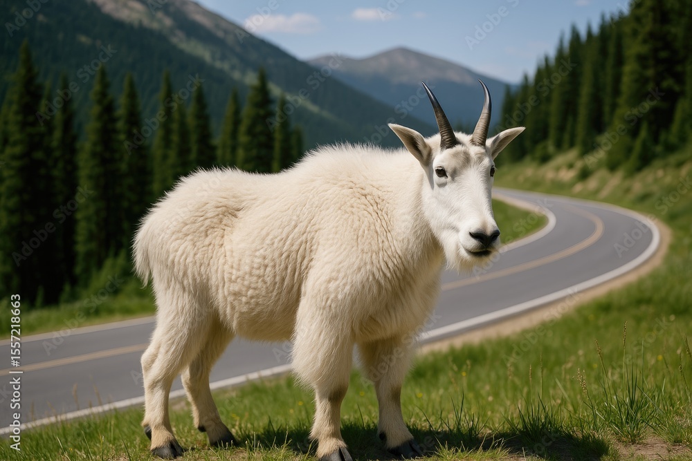Fototapeta premium Mountain goat in Colorado with a roadway behind it
