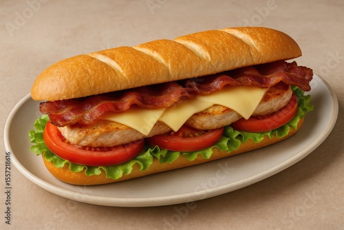 Tasty and lengthy bacon sandwich served on a plate