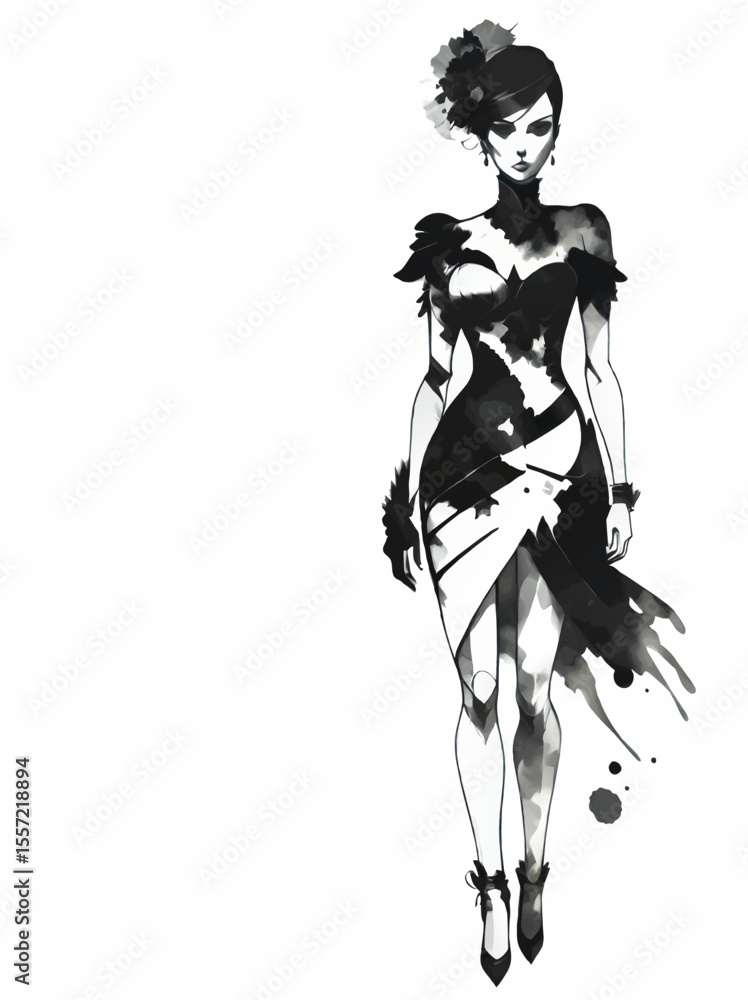 Fototapeta premium young lady in fashion dress ink sketch decorative element wth white area for insertion