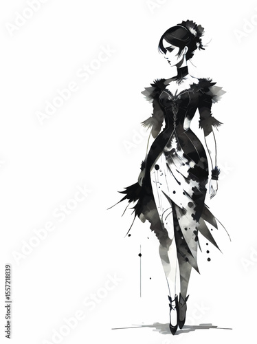 young lady in fashion dress ink sketch decorative element wth white area for insertion
